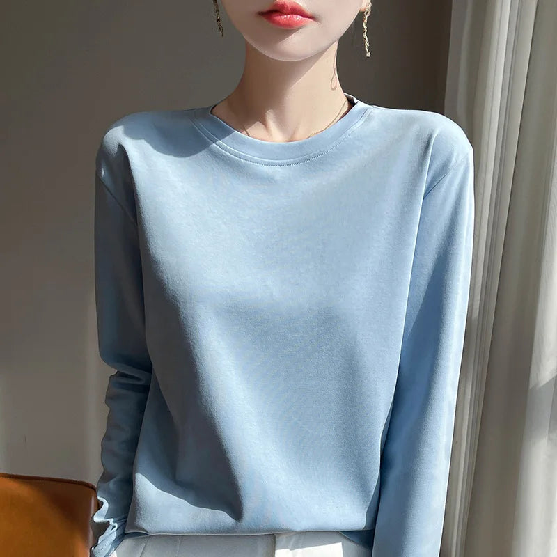 Spring And Summer New Mercerized Cotton Long Sleeve T-shirt Women's Round Neck Loose 100% Cotton Bottoming T-shirt