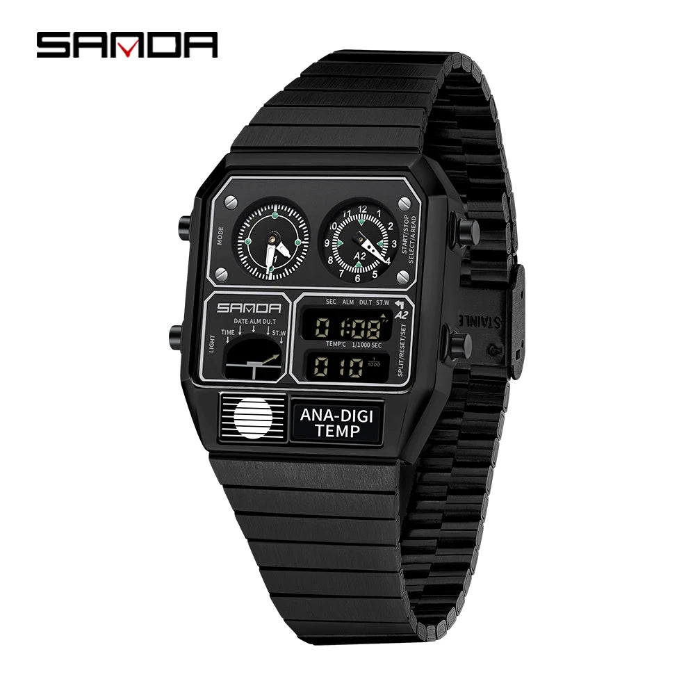 SANDA 3192 Men's Sport Watch – Analog-Digital LED, Waterproof, Stainless Steel