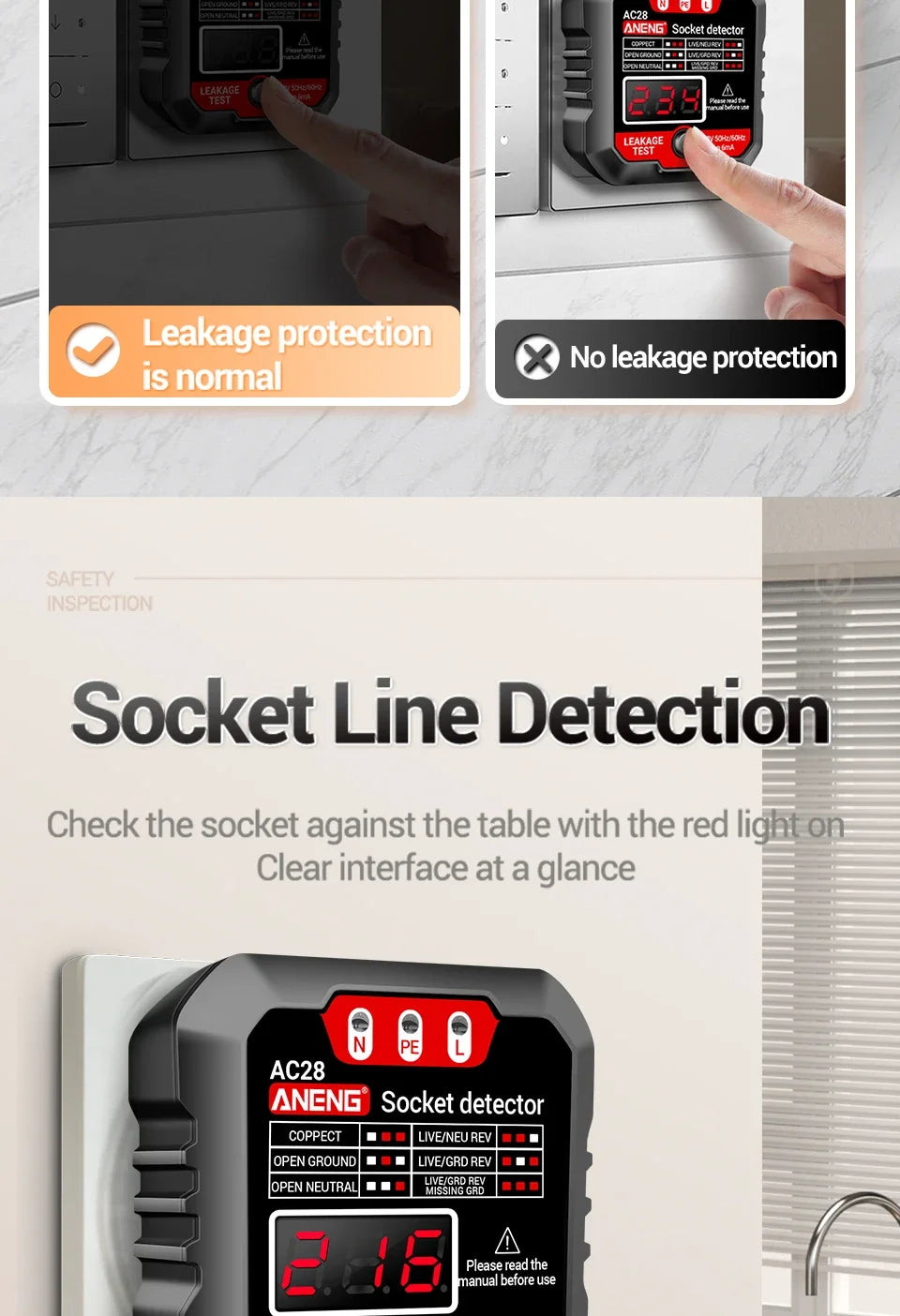 ANENG AC28 Digital Socket Power Tester Smart 50Hz/60Hz Zero Line Phase Circuit  Breaker Finder Check Voltage Tester EU/US Plug