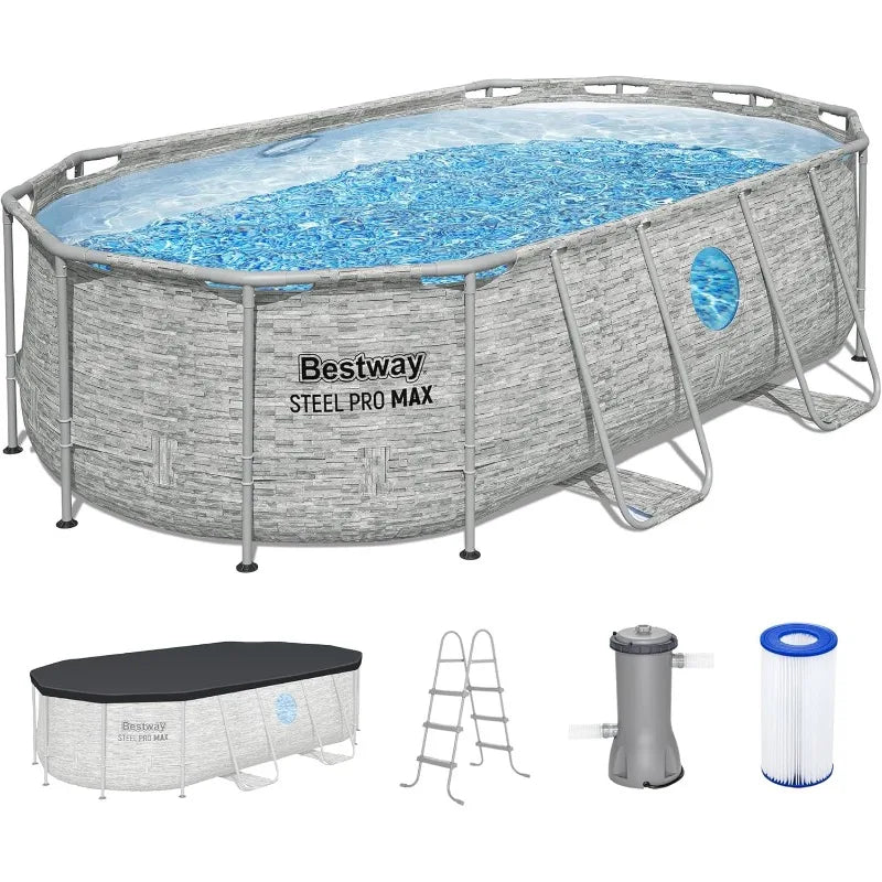 Power Steel Swim Vista 14’ x 8'2" x 39.5” Above Ground Pool, Oval Metal Frame Outdoor Swimming Pool S