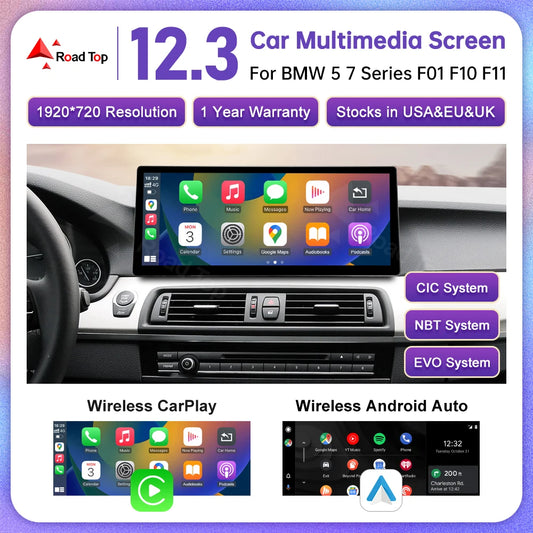 12.3" Wireless CarPlay & Android Auto Display Screen, Compatible with BMW 5 Series F10 F11 CIC NBT EVO