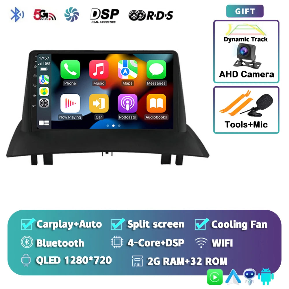 Android 16 For Renault Megane 2 2002-2009 2K QLED Android Car Radio Multimedia Video Player GPS Stereo CarPlay 4G Navigationv BT