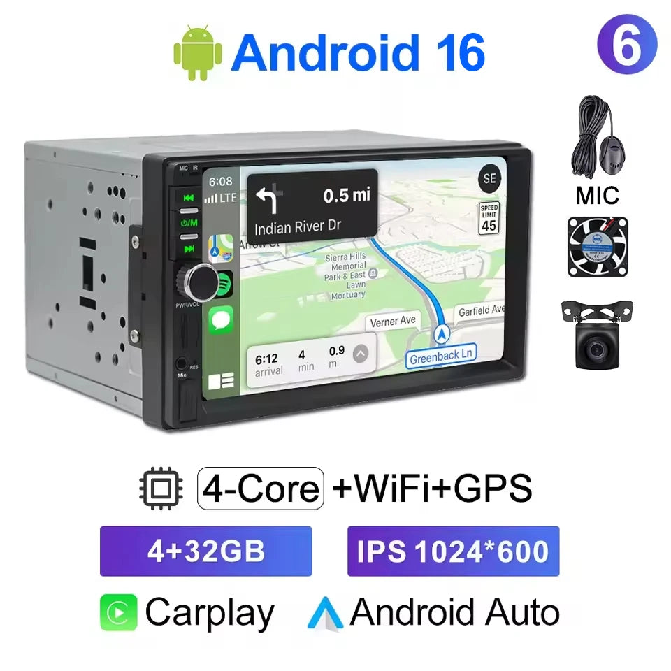 CAIXI Universal 2-DIN Android 14 Car Stereo — CarPlay, Android Auto, GPS for Toyota, Nissan, Jeep, Hyundai, Kia, Chevrolet, VW, Fiat