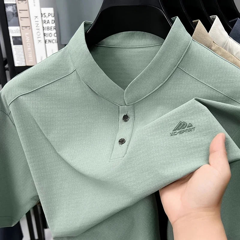 Men's Sport Mandarin Collar Polo - Breathable Mesh, Button Placket