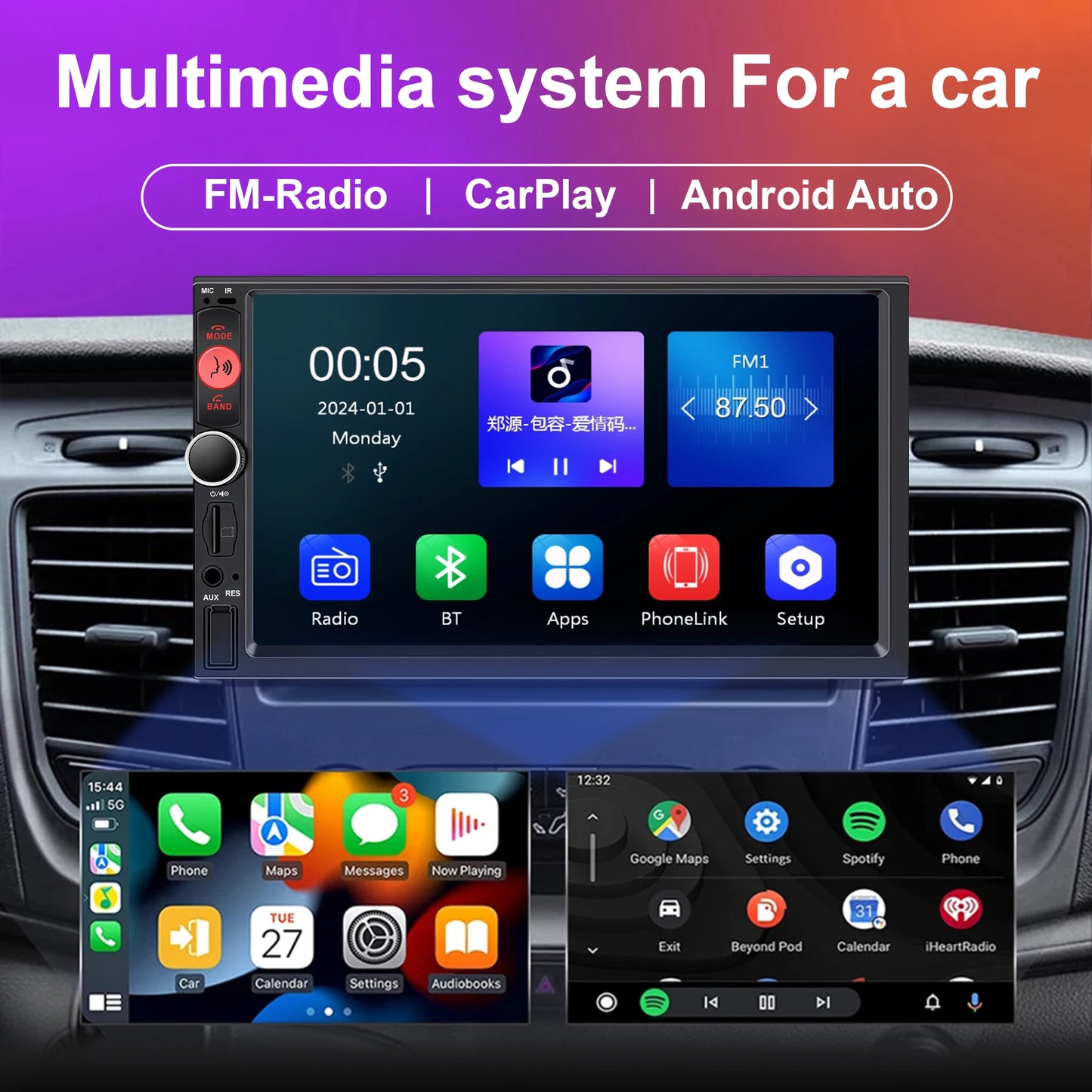 XIMA 2Din 7" IPS Universal Wireless CarPlay Android Auto Car Radio Stereo Multimedia Autoaudio FM Receiver Mirror Link Monitor
