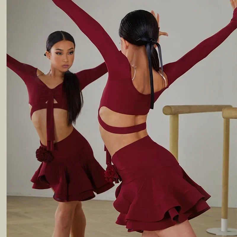 Girls burgundy Latin dance top and skirt set