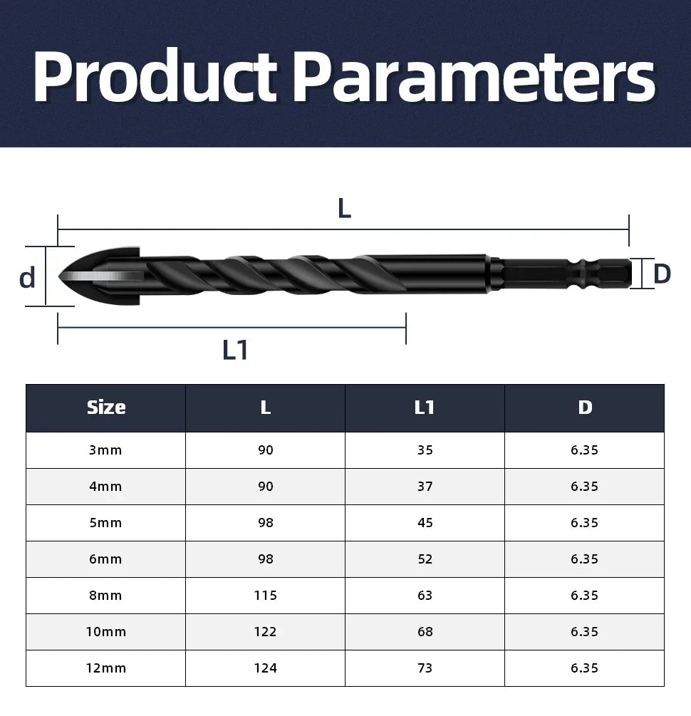 3 4 5 6 8 10 12mm Cross Hex Tile Drill Bit For Glass Concrete Ceramic Tile Hole Opener Tunsten Carbide Hard Alloy Bits Set Tools