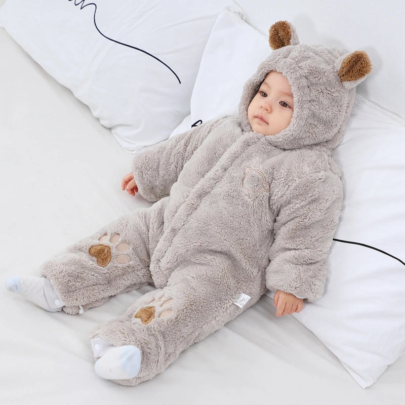 Baby Hooded Romper with Ears - Thick Winter Jumpsuit 0-24 Months