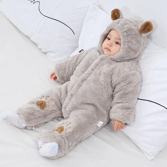 Baby Hooded Romper with Ears - Thick Winter Jumpsuit 0-24 Months