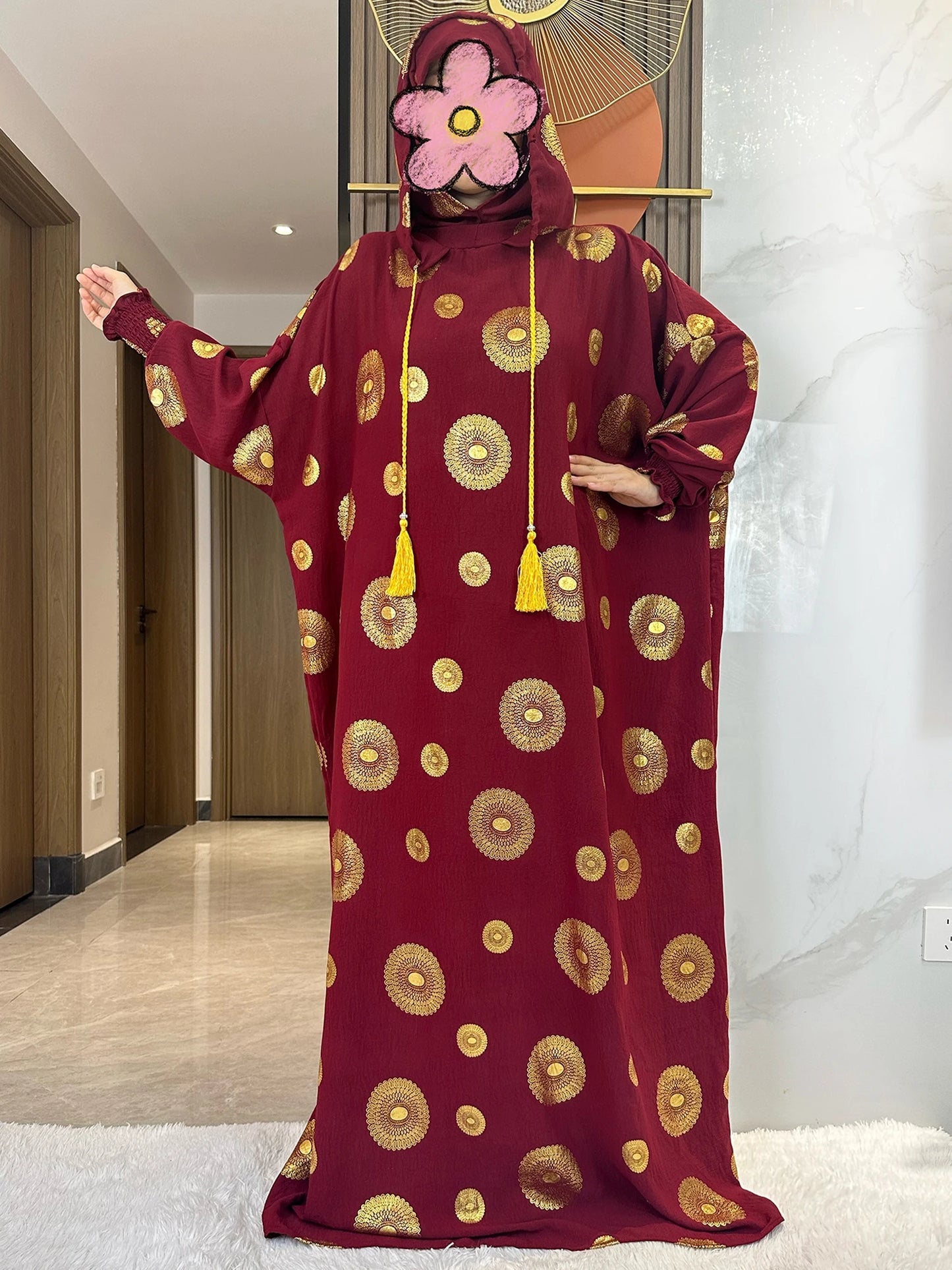Women's Cotton Embroidered Abaya Kaftan – Gold Dust Shimmer, Loose Fit, All-Season Muslim Dress