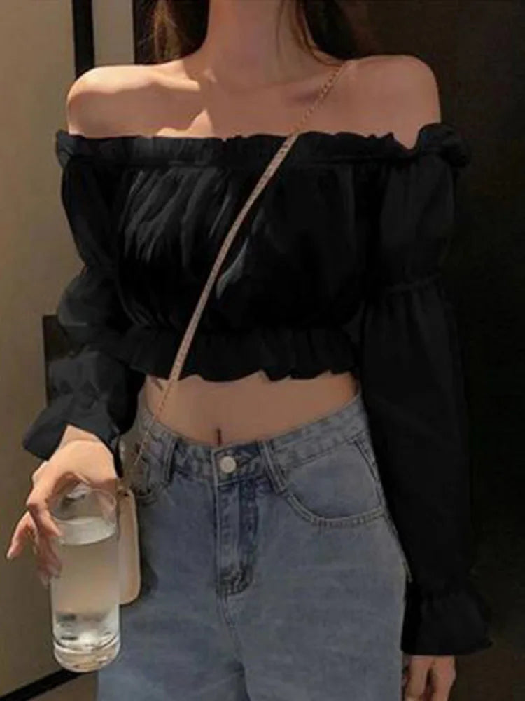 MMAlto Women's Off Shoulder Puff Sleeve Crop Top – Solid Color Ruffle Blouse for Summer