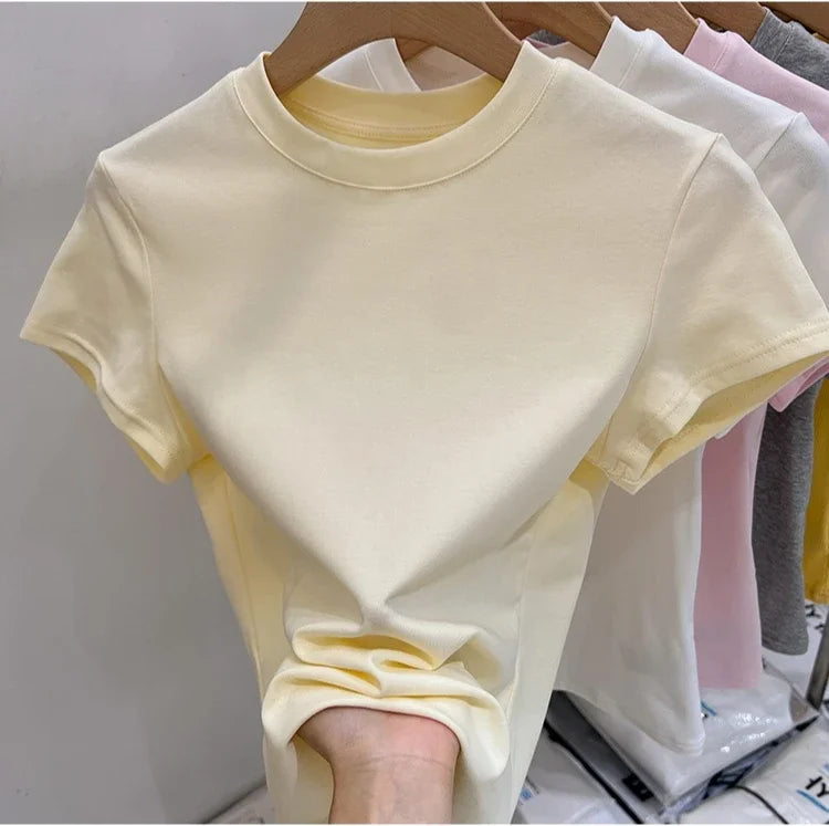 Zjaiss 2026 O-Neck Fashion T-Shirt Summer Sexy Basic Top Solid Short Sleeve Womens Tshirt Casual Korean Tee Streetwear