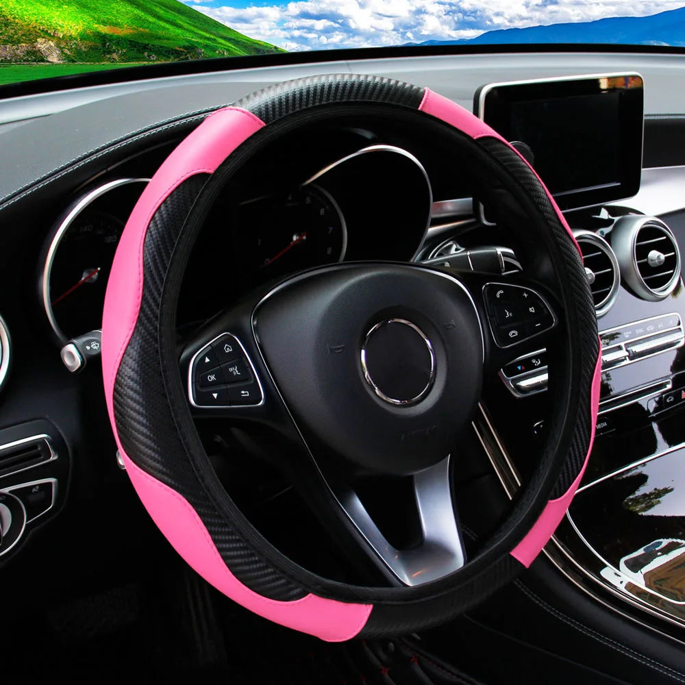 Carbon Fiber PU Leather Steering Wheel Cover – Universal Fit 14.5–15 Inch | Anti-Slip Car Interior Accessory