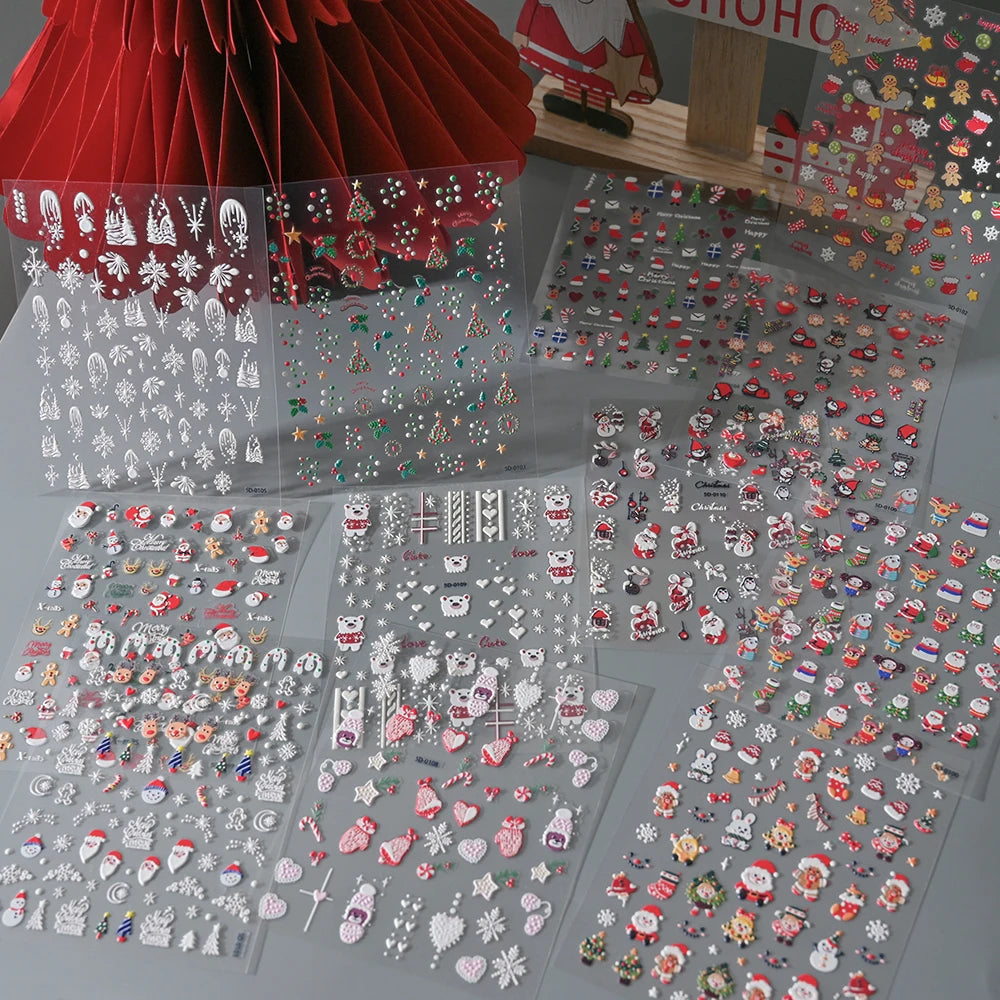 1pc Christmas Nail Art Stickers 5D Winter Holiday Themed Nail Decor Santa/Snowflakes/Christmas Trees/Gingerbread Nail Supplies *