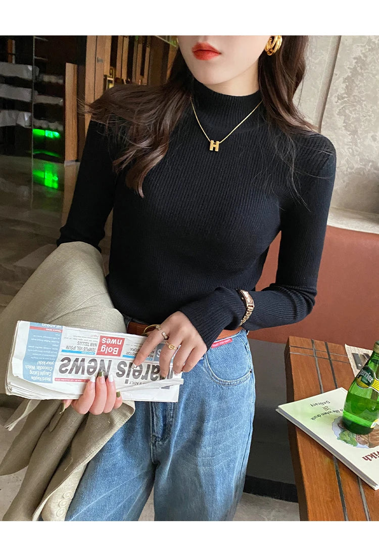 Women's Mock Neck Knit Sweater, Slim Basic Pullover