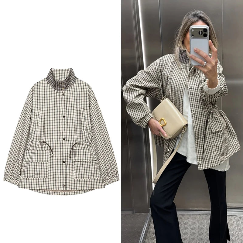 Women's Oversized Plaid Jacket - Long Sleeve Casual Autumn Coat