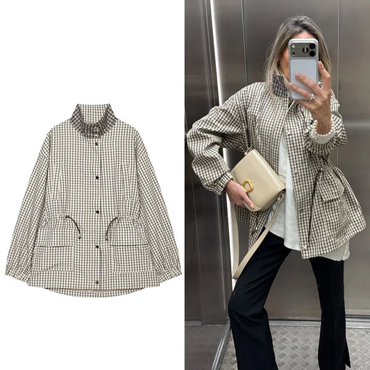 Women's Oversized Plaid Jacket - Long Sleeve Casual Autumn Coat