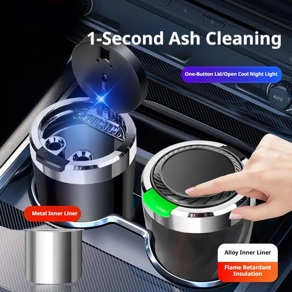 Portable Car Ashtray with LED Light Metal Liner Auto Ash Tray Large Capacity One-Click Open Interior Accessories