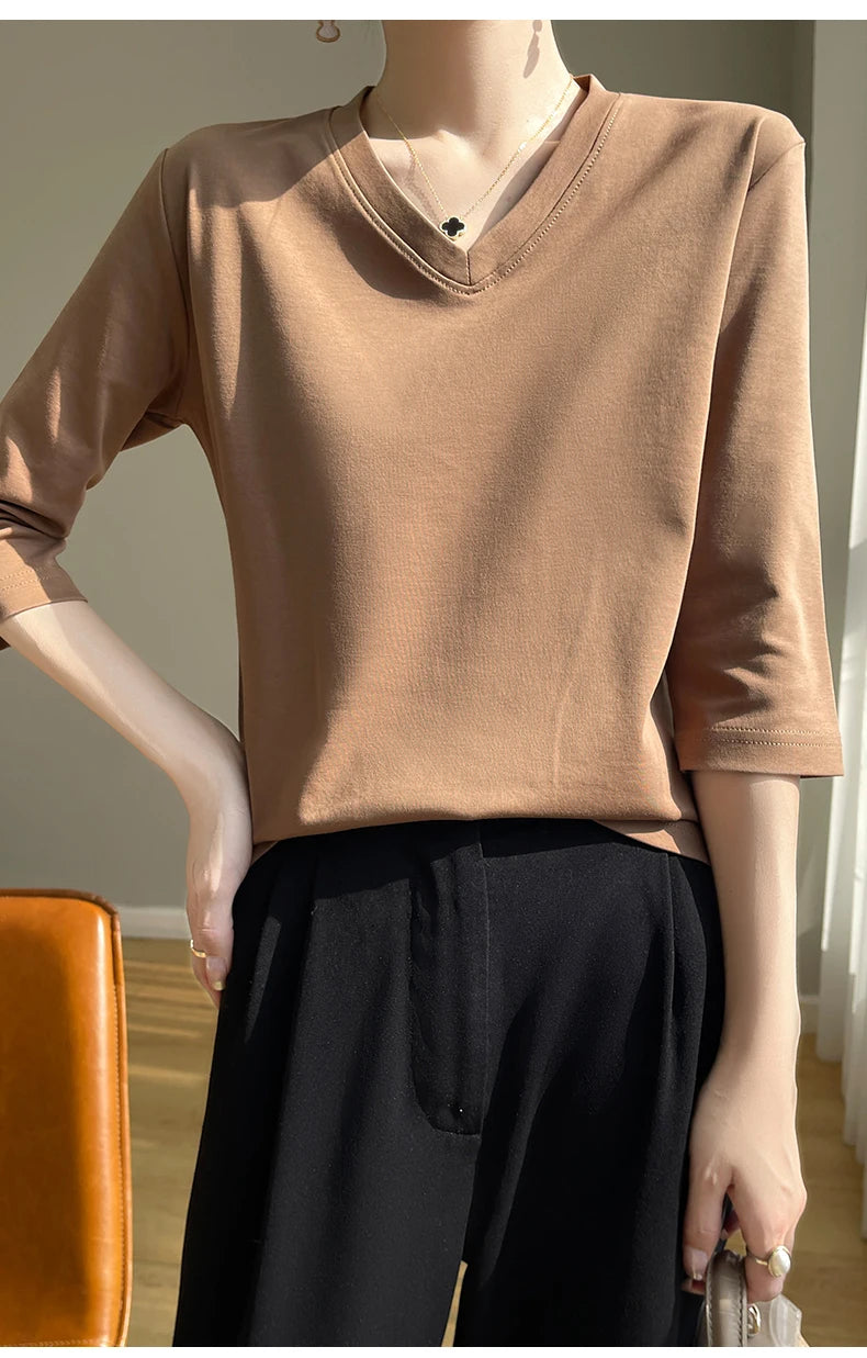 Spring And Summer New Cotton V-neck T-shirt Short-Sleeved Women's Half-Sleeve Bottoming Shirt High-End Cropped Sleeve Top
