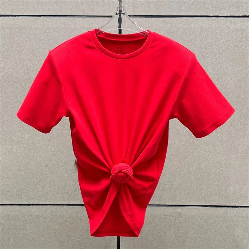 Women's t-shirt 2026 summer New elastic knitted short sleeved top 3D flower decorated round neck pullover pure cotton crop top