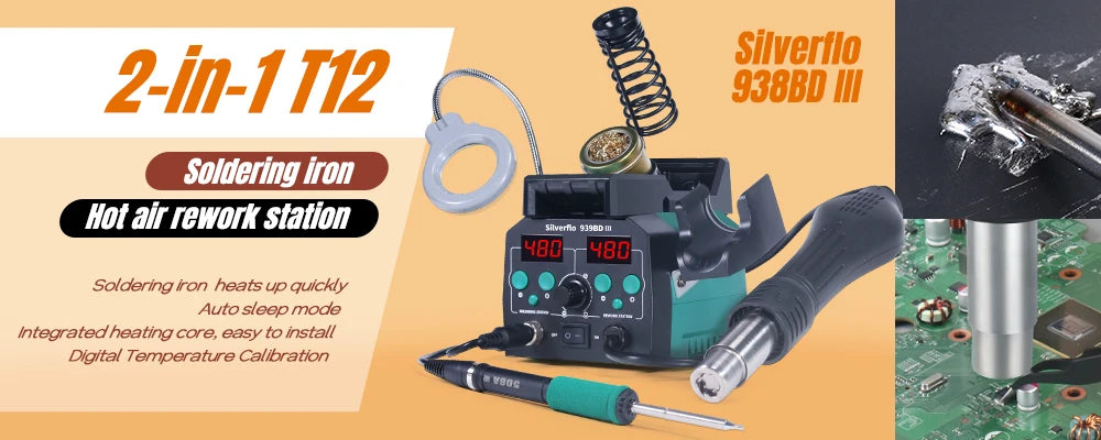 Silverflo 8586D-II Soldering Station 2 IN 1 Soldering Iron Hot Air Station Welding Rework Station with10-Minute Sleep Mode
