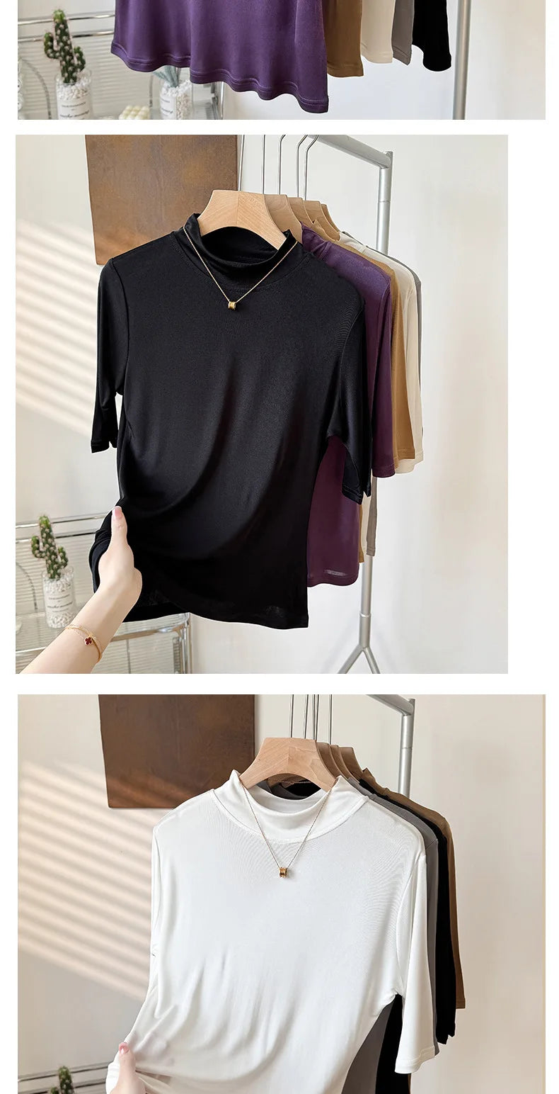 Yuyue's 100% Mulberry Silk Basic Women's T-shirt Solid Color Large Size Half Crew Neck Mulberry Silk Top Mid-sleeve Base Shirt