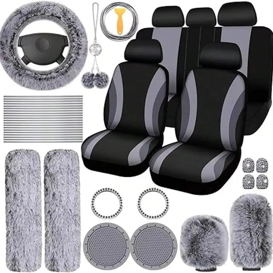 35-Piece Luxury Car Seat Cover Set - Soft Fluffy Steering Wheel Cover, Universal Safety Belt Protectors, Gear Shift Cover, Fashionable Interior Accessories For Women - Premium Polyester Fiber, Easy To Install, Stylish, And Pr