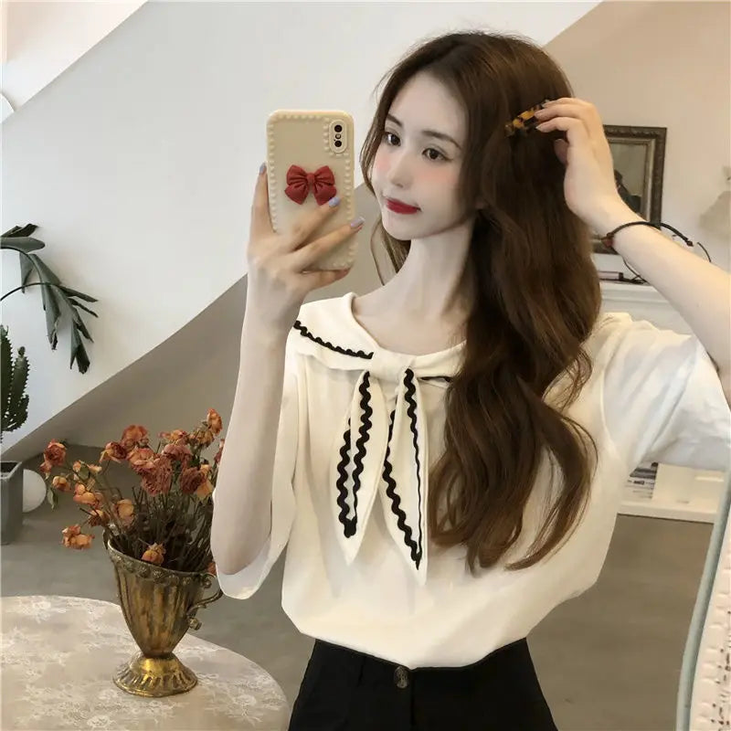 Sailor Collar T-shirts Women Baggy Kawaii Clothes Panelled Temper Designer Aesthetics Japanese Stylish Summer Vintage Футболка