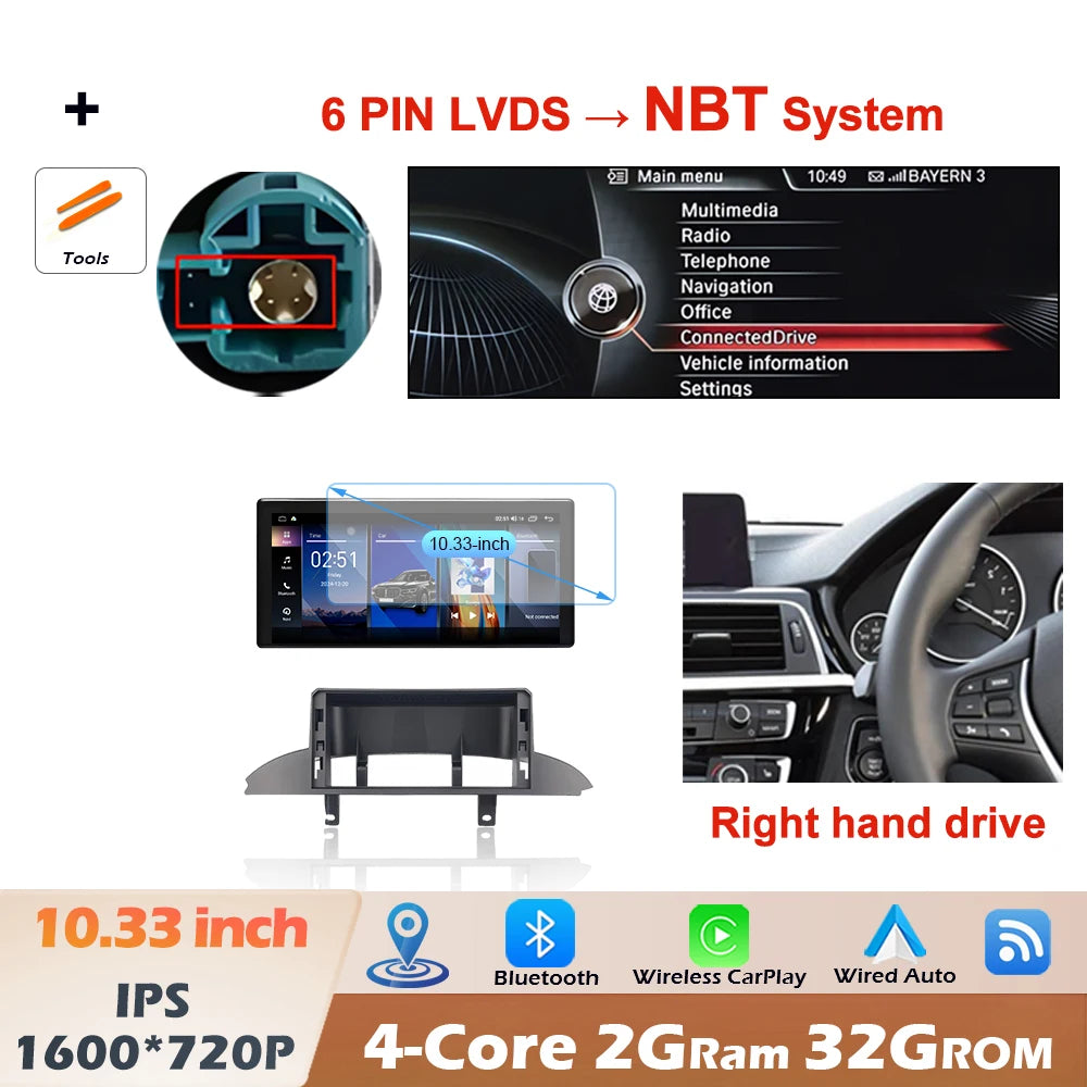 12.3" Right-Hand-Drive Wireless CarPlay & Android Auto Screen, Compatible with BMW 3 4 Series F30 F32