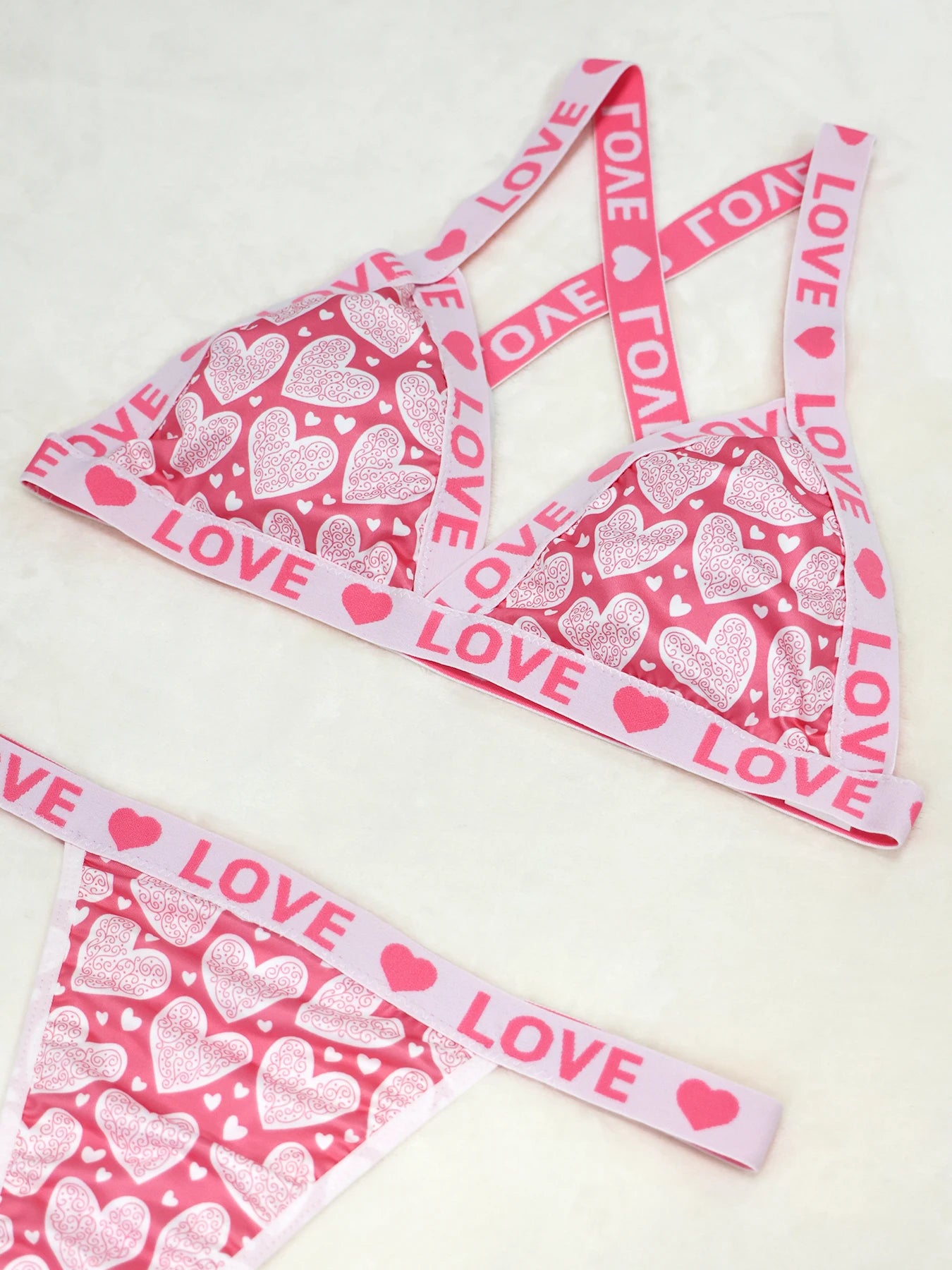 Valentine's Day Plus Size Heart Love Pattern Letter Tape Bra & Thong Sexy Lingerie Set