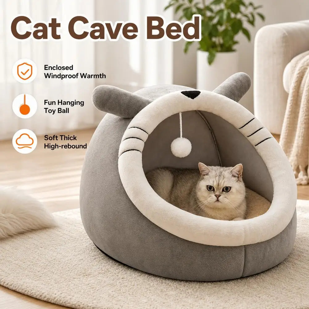 Cute Cartoon Cat Cave Bed - Warm Kitten House Nest – photo 4