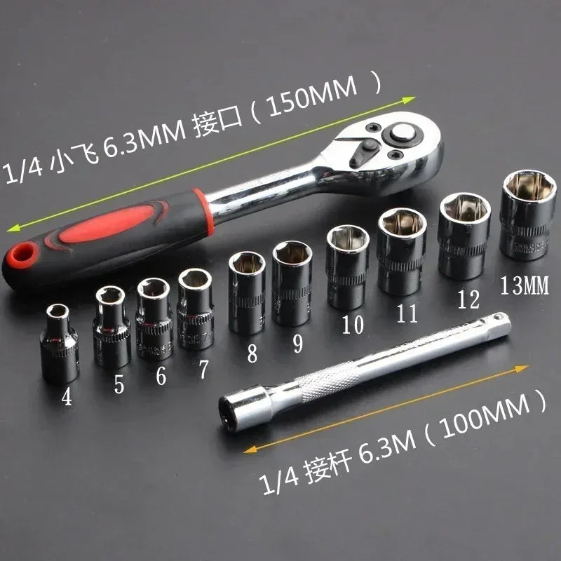 MEYOUTOWN 1/4" Ratchet Socket Wrench Set – Metric Drive Sockets 4-13mm with Extension Rod | Car, Motorcycle & Bicycle Repair Hand Tool