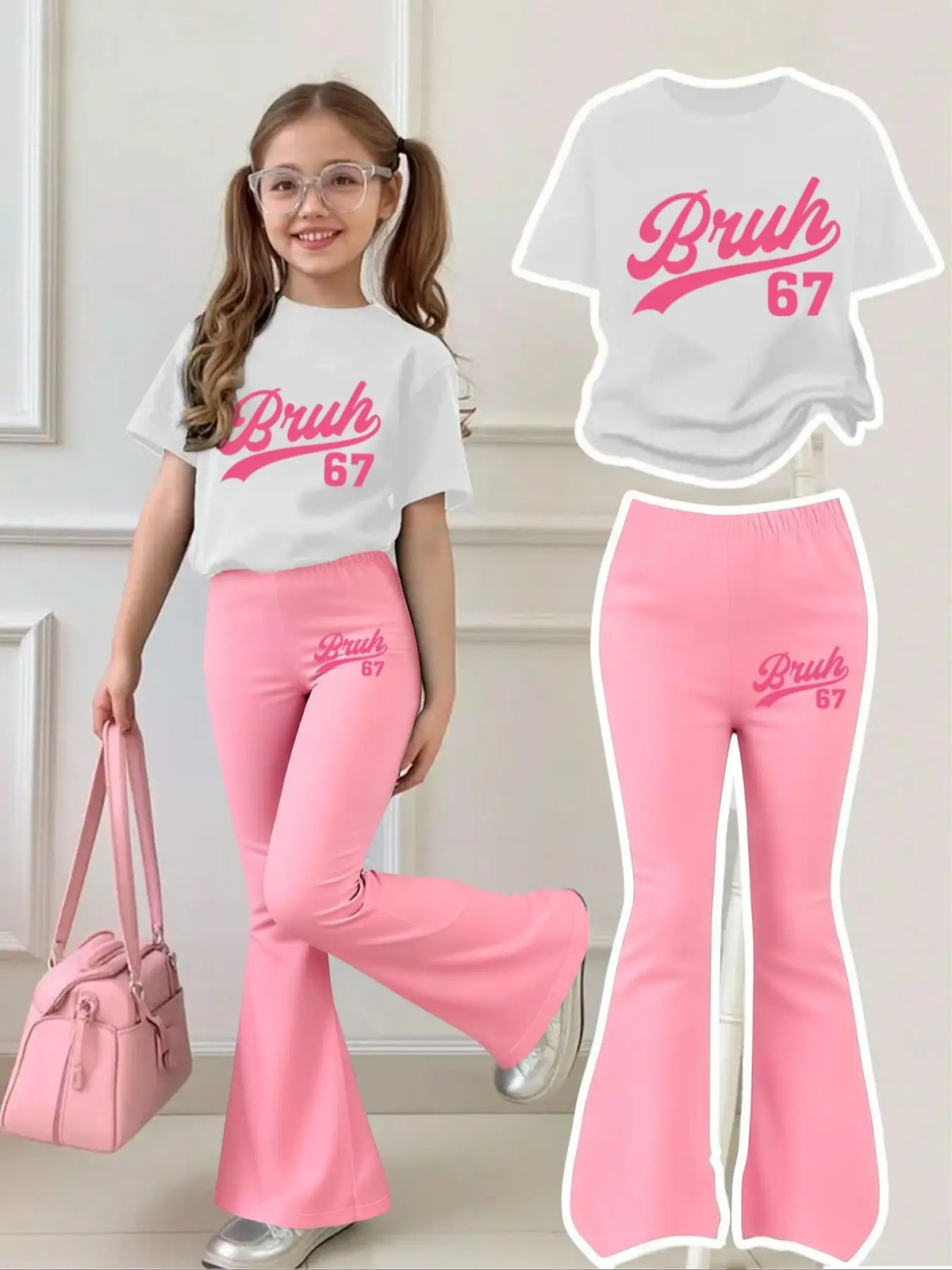 4-12Y Girls' Regular Short Sleeve and Flared Pants Two-Piece Set - Bruh67 Sweet Pink Style Regular Round Neck Casual Comfortable White Short Sleeve with Pink Flared Pants Two-Piece Set