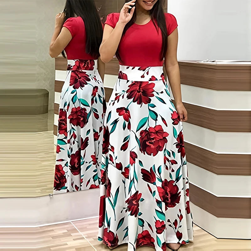 Women's Pleated Maxi Dress - Printed Crew Neck, Slim Waist Elegant