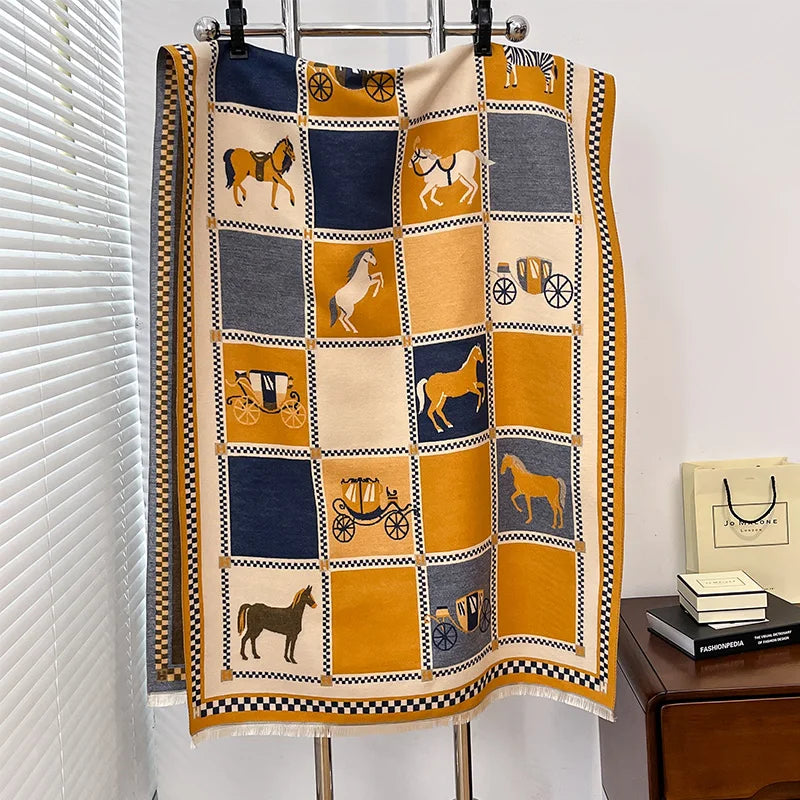 Women's Horse Print Poncho Shawl Wrap, Thick Winter Scarf