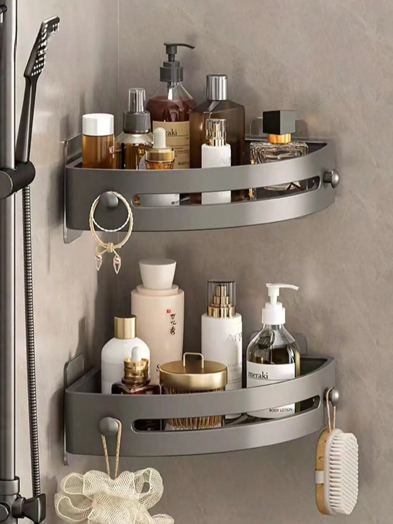 1/2Pcs Wall Mounted Corner Rack: No-Drill Black Bathroom Shampoo Towel Holder