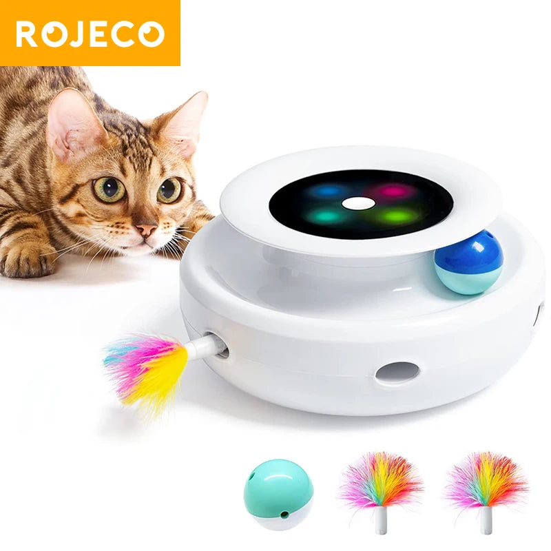 ROJECO 2-in-1 Smart Cat Toy – Automatic Feather & Fun Ball Interactive Toy Set | 5 Modes Electronic Pet Toy