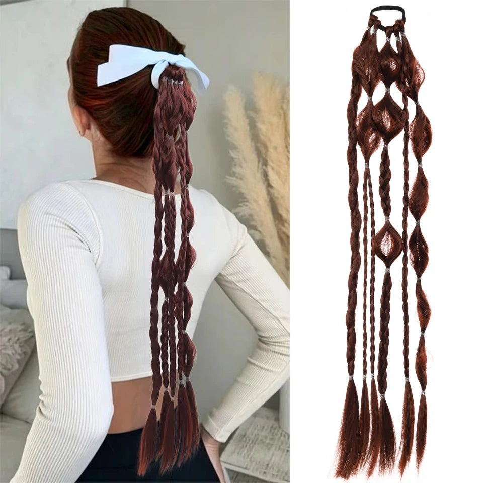 24Inch Synthetic Long Braided Bubble Ponytail Wig Extensions Lightweight With Elastic Band Wig Accessories For Women Party Use