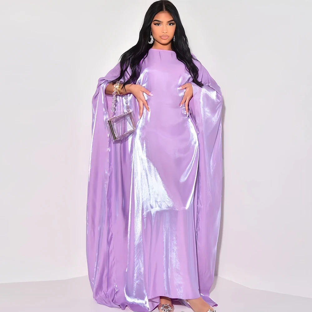 Shimmer Batwing Satin Abaya – Luxury Muslim Kaftan Dress for Eid & Ramadan