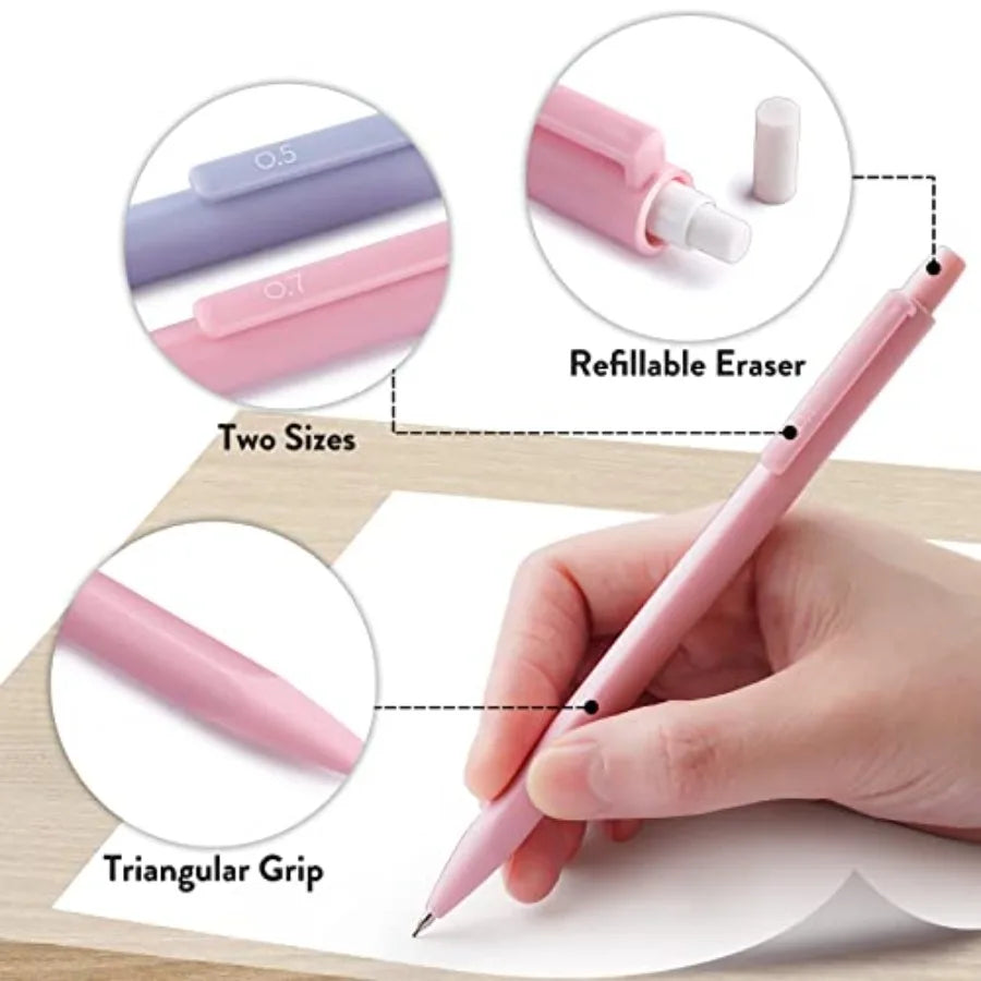 Cute Mechanical Pencil Set, 6PCS Pastel Mechanical Pencils 0.5 and 0.7mm with 360PCS HB Leads, 3PCS Erasers and 9PCS Eraser Ref