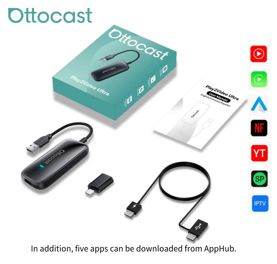 OTTOCAST Play2Video Ultra Wireless CarPlay AI Box Video Streaming for Car YouTube Netflix IPTV Plug&Play for Factory Wired CarPl