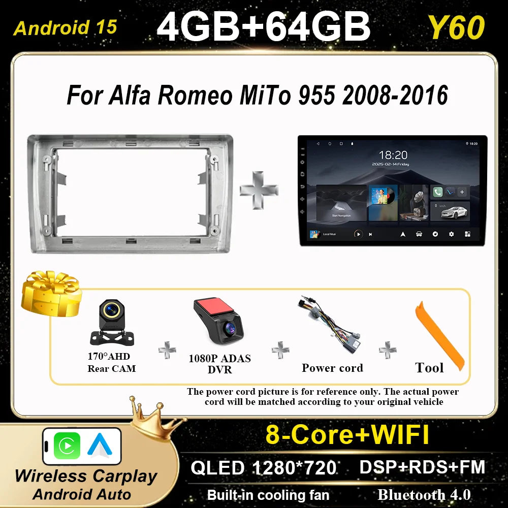 Android 15 Car Radio Stereo For Alfa Romeo MiTo 955 2008-2016 Auto Cireless Carplay GPS Navigation Multimedia Video Player 2Din