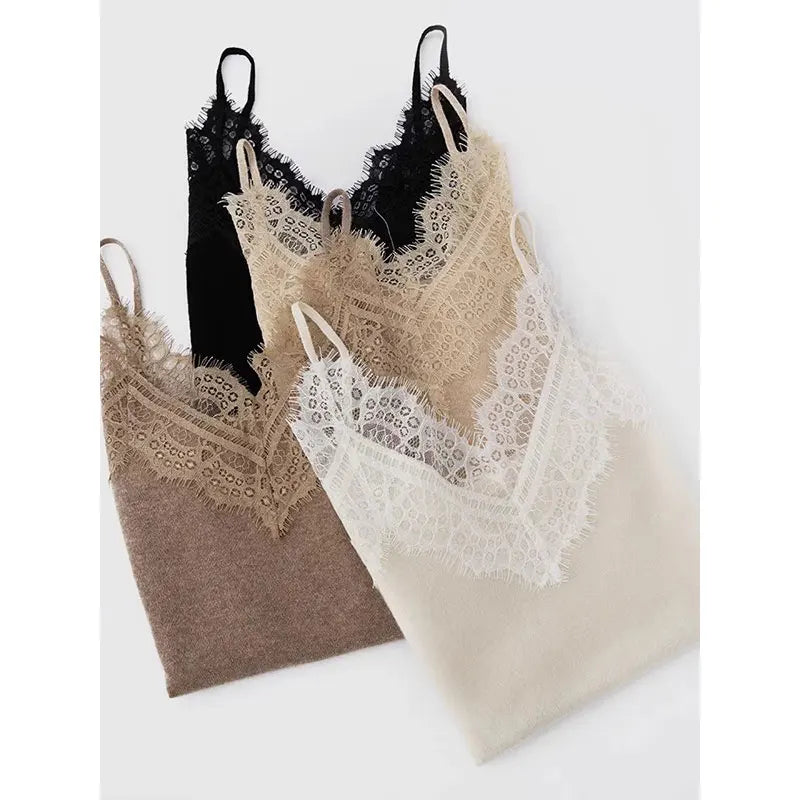 Women's Lace Trim ter Vest Ice Silk Knitted Svel Top Outerwear Suit Inner Match Beautiful Ba ort Sle Daily Wear