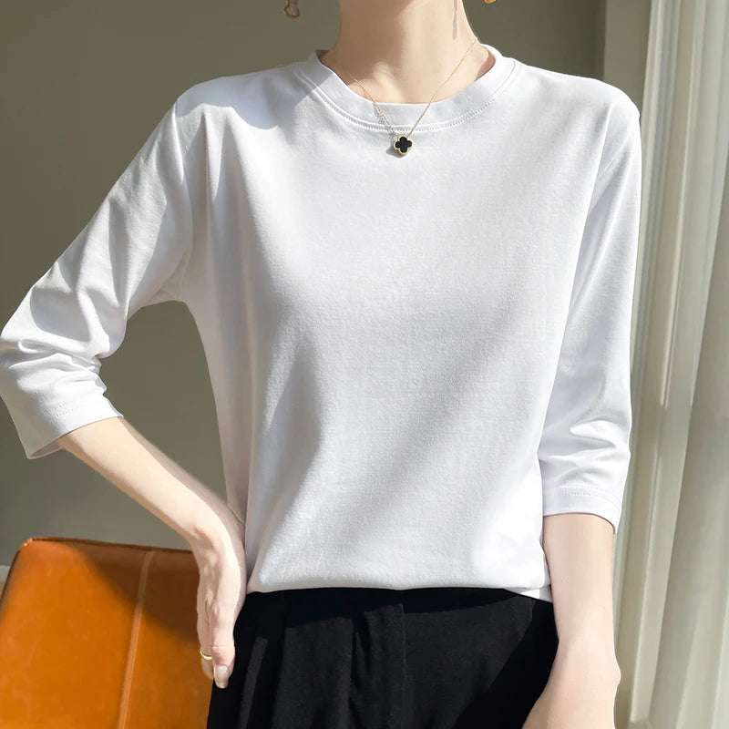 Women's Mercerized Cotton T-Shirt — Loose Round-Neck Half-Sleeve Top