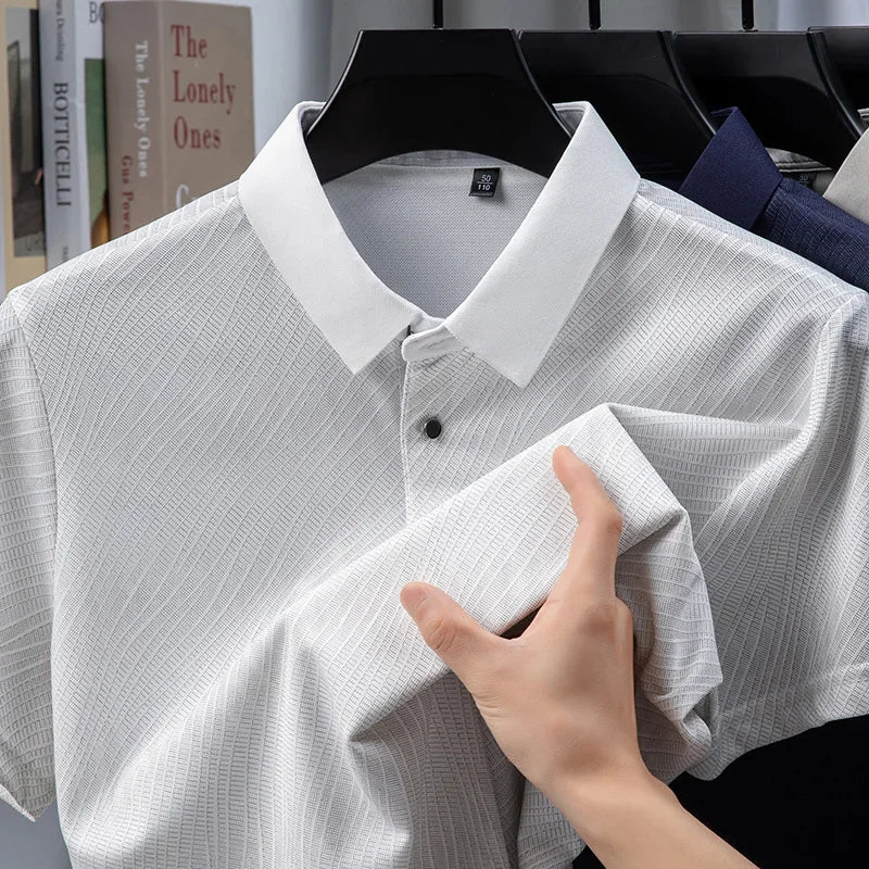 Men's Textured Polo Shirt - Solid Lapel, Breathable Office Casual