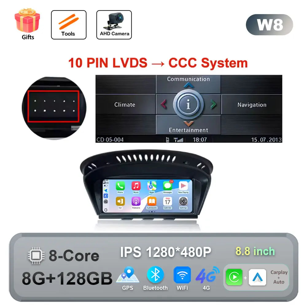 Car Stereo with Apple CarPlay & Android Auto, Compatible with BMW 3 & 5 Series E60 E90 (CCC/CIC)