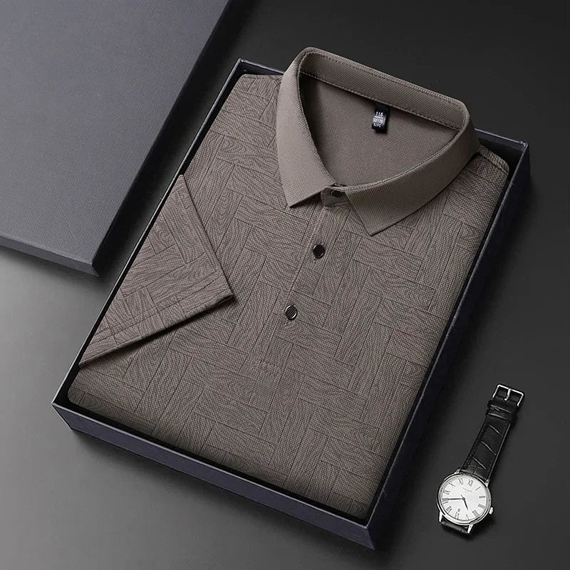 Men's Print Lapel Polo - Wood-Tile Pattern, Half-Button Placket