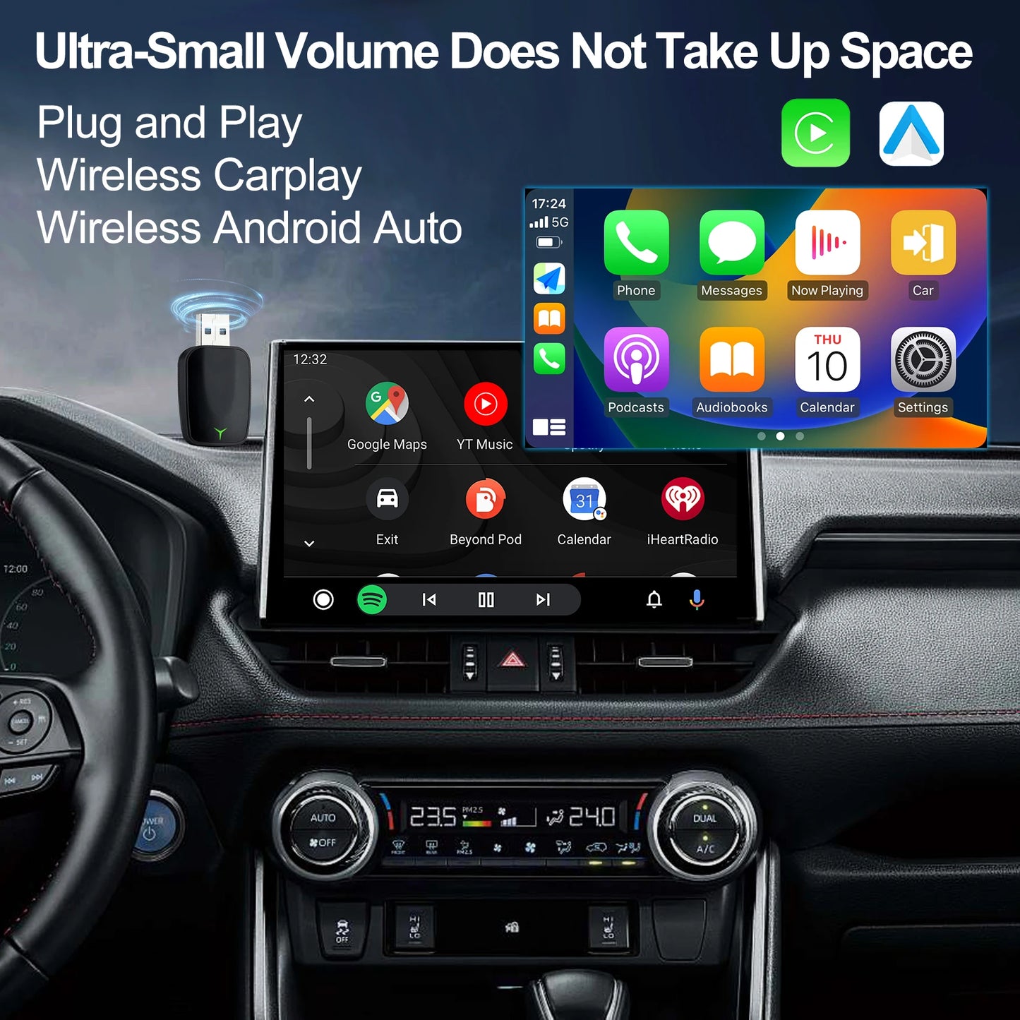 Mini Wireless CarPlay & Android Auto Adapter, Compatible with Mercedes-Benz, Chevrolet, Ford, Honda & Toyota