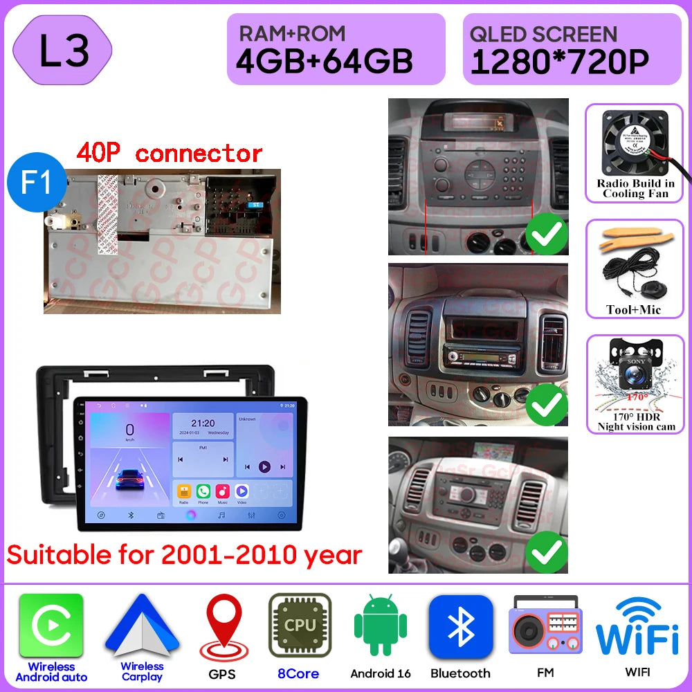 Car Stereo with Apple CarPlay & Android Auto, Compatible with Renault Trafic 2, Opel Vivaro A & Nissan Primastar