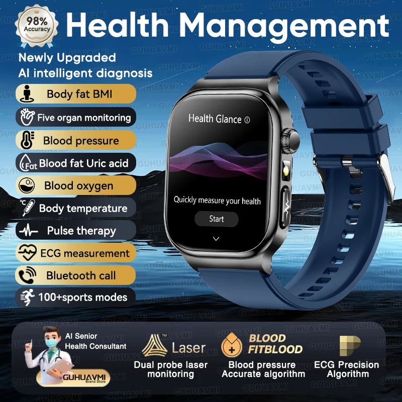 GUHUAVMI 2026 AI Health Smartwatch – ECG+HRV, Blood Pressure, Uric Acid & Blood Lipid Monitor | 2.04" AMOLED Sapphire | Bluetooth Calling | Men & Women